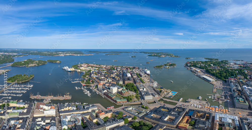 Helsinki Cityscape and Sightseeing Places in Background. Aerial View. Drone