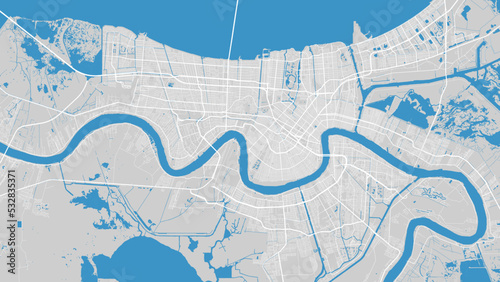 Mississippi river map  New Orleans city  USA. Watercourse  water flow  blue on grey background road street map. Detailed vector illustration.