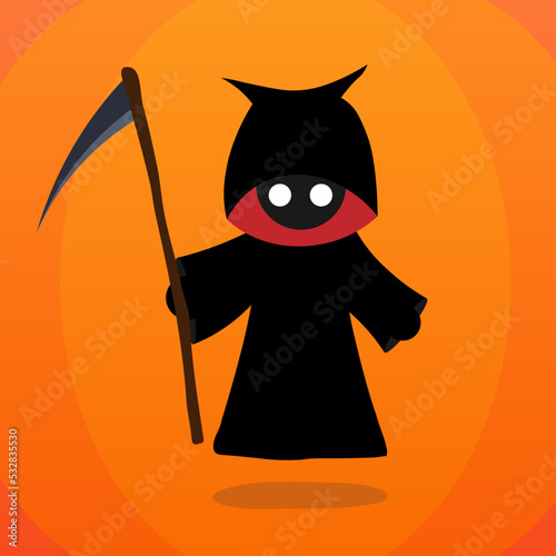 Cute cartoon mascot design grim reaper with scythe. Halloween illustration
