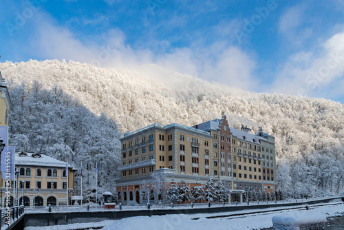 SOCHI, RUSSIA - JANUARY 25, 2022: Hotel at winter ski resort Caucasus Mountains "Roza Khutor", Sochi, Russia