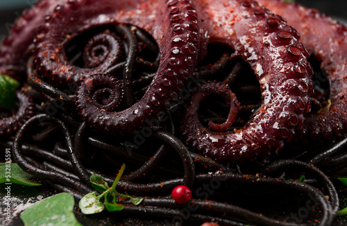 Octopus with black spaghetti, pasta, spices and herbs, top view, no people, © Gala_Didebashvili