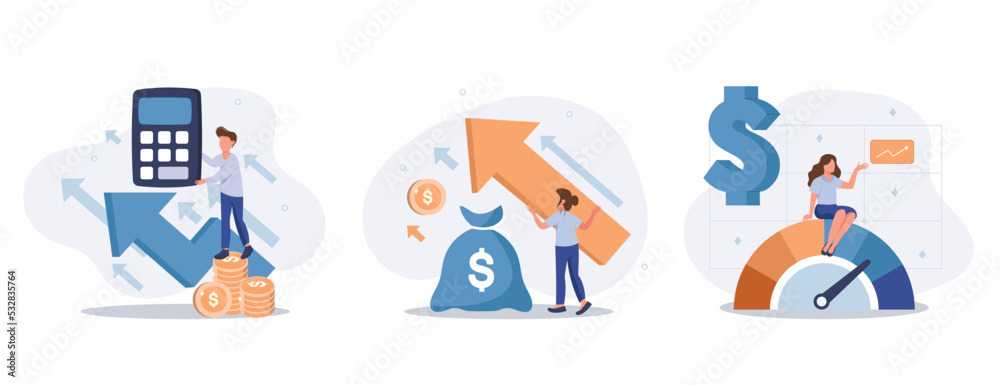 Cost optimization concept set. Idea of financial and marketing strategy. Cost and income balance. Spending and cost reduction, while maximizing business value. Isolated flat illustration vector - obrazy, fototapety, plakaty 
