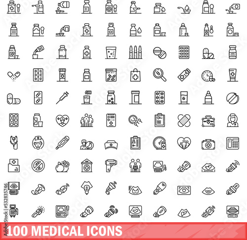 100 medical icons set. Outline illustration of 100 medical icons vector set isolated on white background