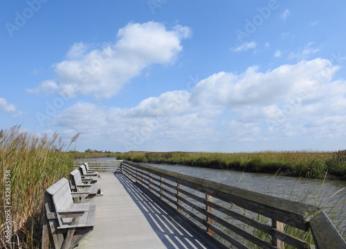 Visitors can sit along the boardwalk trail, and enjoy the natural beauty of the Bombay Hook National Wildlife Refuge, in Kent County, Smyrna, Delaware.