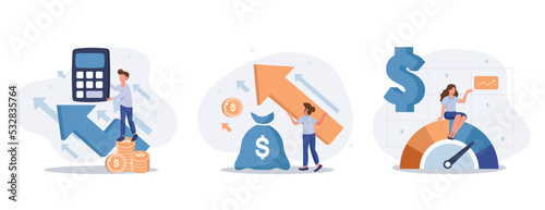 Cost optimization concept set. Idea of financial and marketing strategy. Cost and income balance. Spending and cost reduction, while maximizing business value. Isolated flat illustration vector