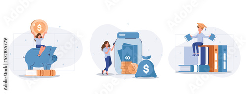 Financial education illustration set. Student characters investing money in education and knowledge. Personal finance management and financial literacy concept. Vector illustration.
