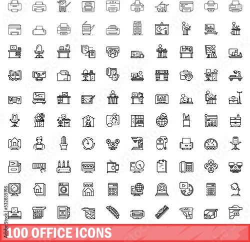 100 office icons set. Outline illustration of 100 office icons vector set isolated on white background