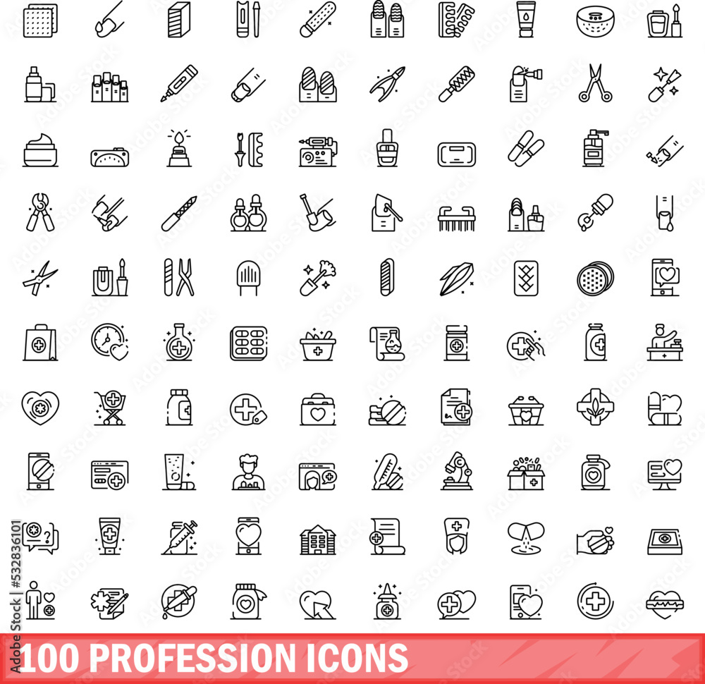 100 profession icons set. Outline illustration of 100 profession icons vector set isolated on white background