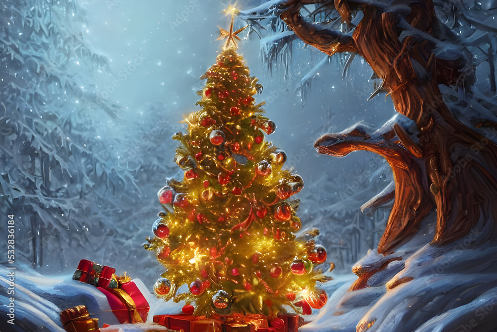 Dreamy Christmas tree with christmas decorations and presents / gifts in a  snowy winter landscape digital painting - illustration Stock Illustration |  Adobe Stock