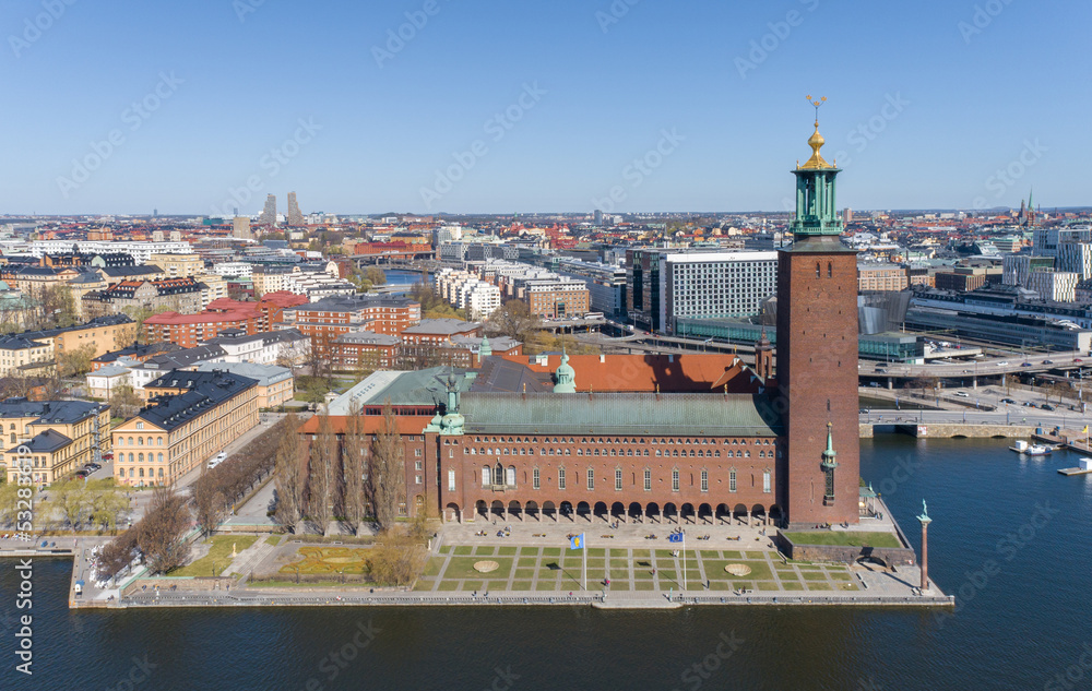 Stockholm City Hall and Cityscape with Beautiful Old Town Architecture. Sweden. Drone Point of View
