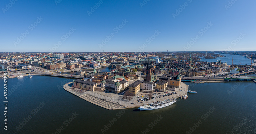 Fototapeta premium Stockholm Cityscape with Beautiful Old Town Architecture. Sweden. Drone Point of View