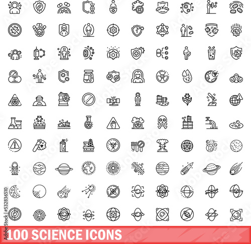 100 science icons set. Outline illustration of 100 science icons vector set isolated on white background