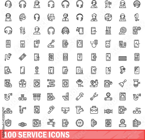 100 service icons set. Outline illustration of 100 service icons vector set isolated on white background