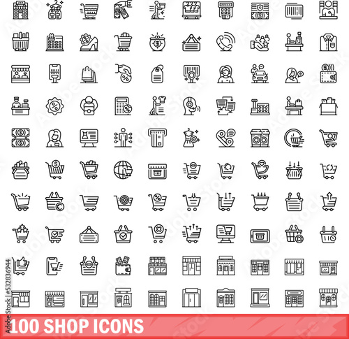 100 shop icons set. Outline illustration of 100 shop icons vector set isolated on white background