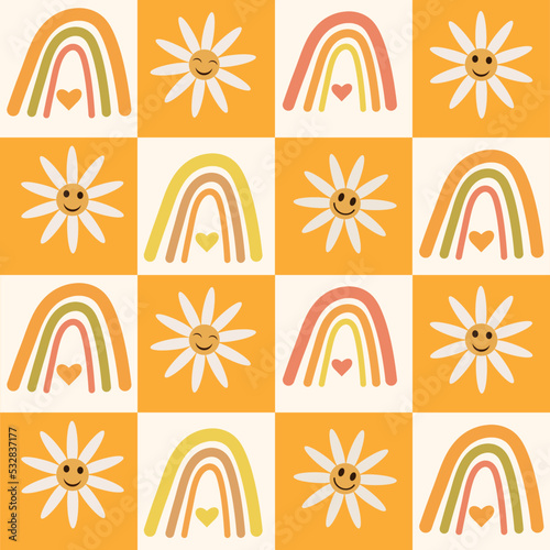 Cute boho rainbow and happy flowers on orange and white checkerboards seamless pattern.
