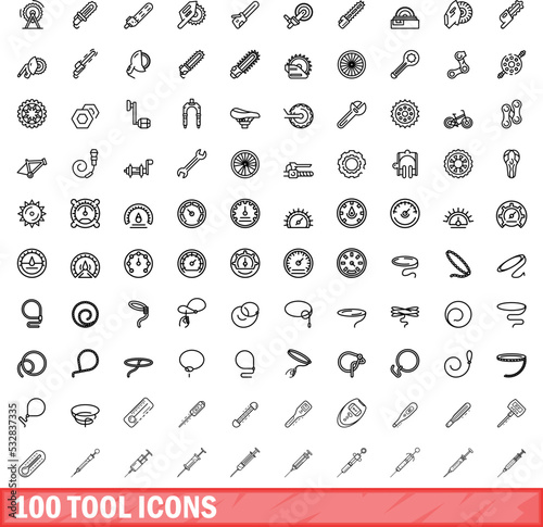 100 tool icons set. Outline illustration of 100 tool icons vector set isolated on white background