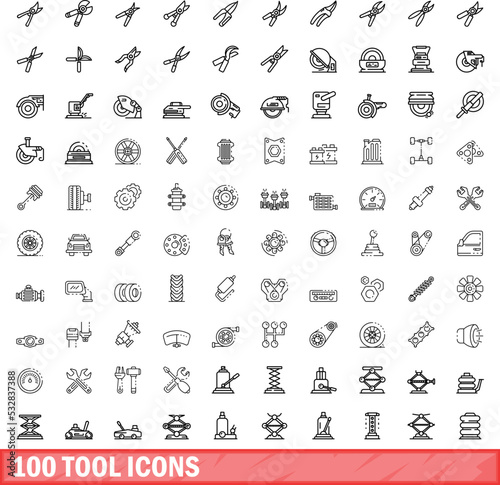 100 tool icons set. Outline illustration of 100 tool icons vector set isolated on white background