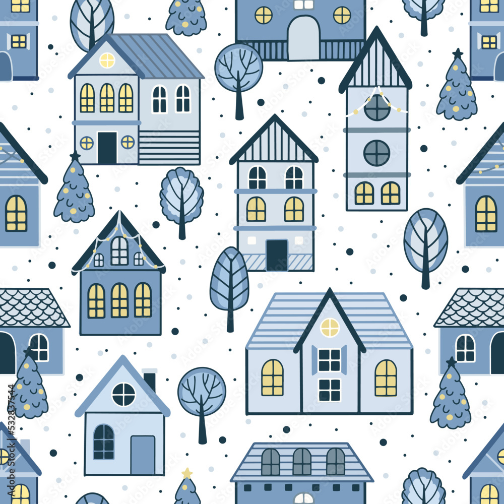 Winter houses for Christmas fabrics and decor. Seamless pattern.