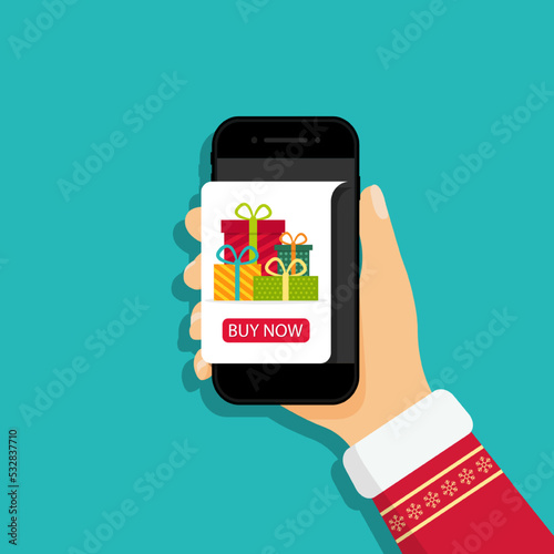 Online order of christmas gift. Hand of santa hold phone with gift. Sale and delivery of presents in app. Flat illustration for celebration and marketing. Shopping concept. Vector