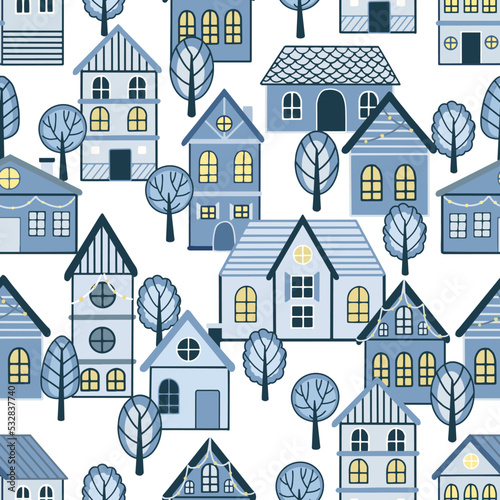 Seamless pattern of doodle houses. Great for fabric  textile vector illustration