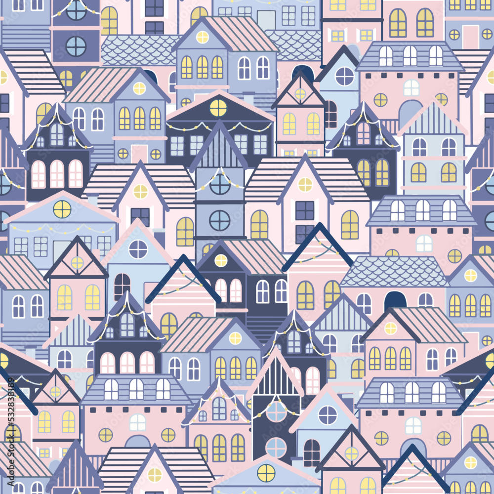 Seamless pattern of doodle houses. Great for fabric, textile vector illustration