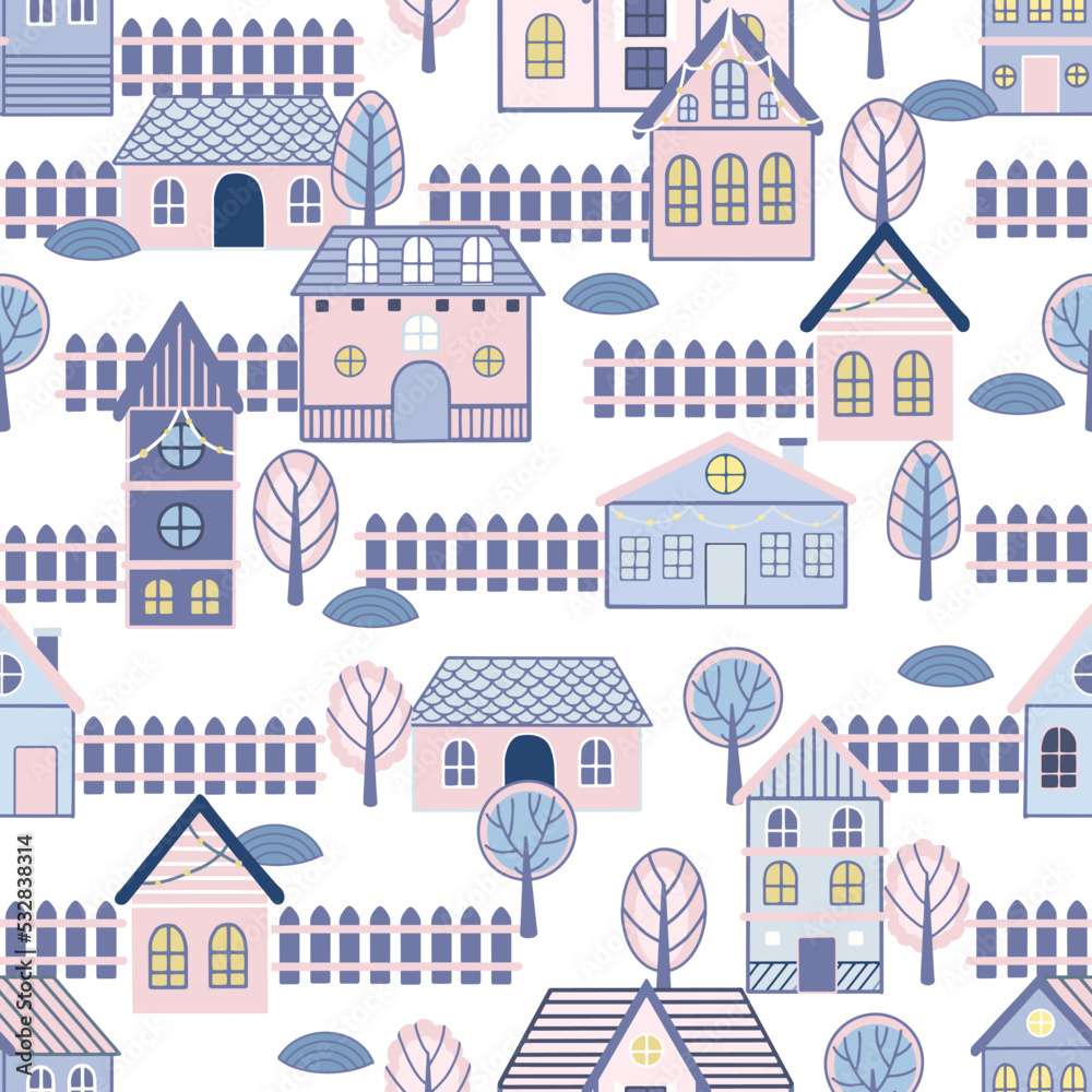 Vector Seamless pattern with hand drawn tree and house. Great for fabric, textile vector illustration