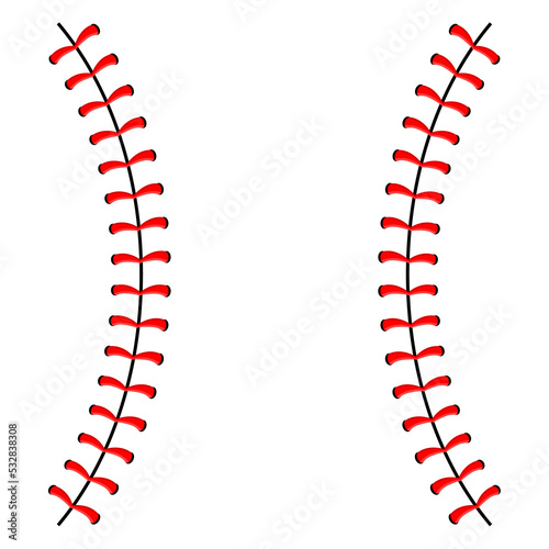 Baseball ball stitches, red lace seam isolated on background. photo