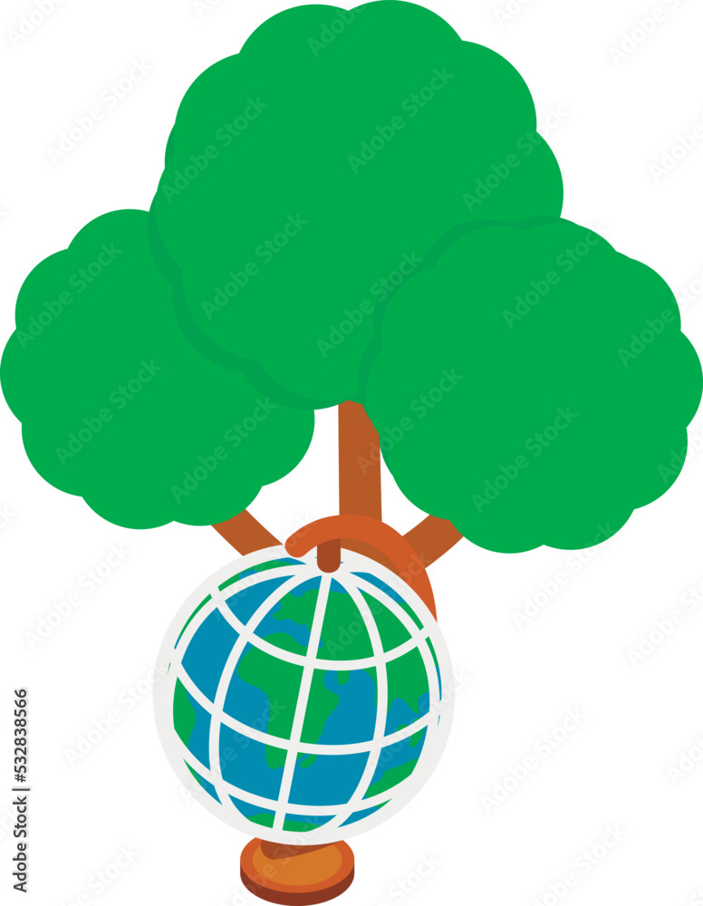 Eco concept icon isometric vector. Globe of planet earth standing under tree. Environmental, ecology, bionomics Eco concept icon isometric vector. Globe of planet earth standing under tree. Environmental, ecology, bionomics