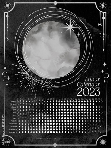 Dark Vertical Lunar Calendar of 2023 for Southern Hemisphere. Moon calendar with watercolor moon and silver elements
