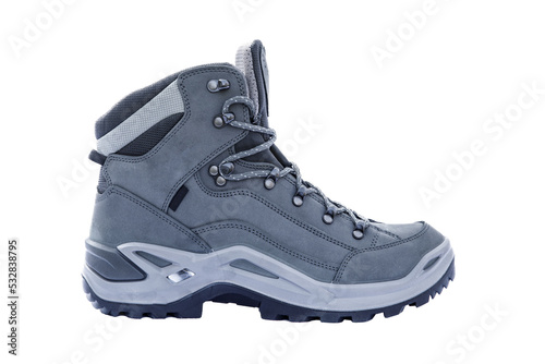 Side view of elegant brand new hiking boot, isolated on white background