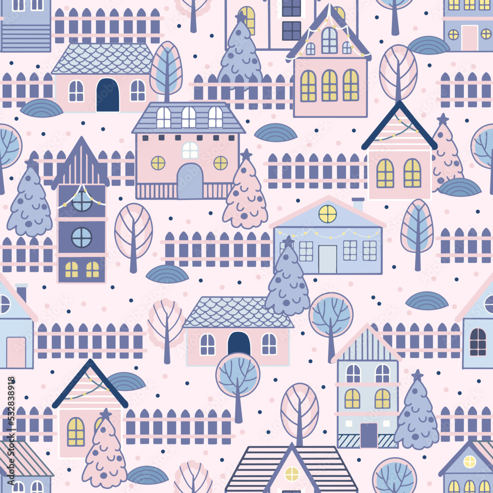 Seamless pattern with Christmas houses and Christmas tree. Great for fabric, textile vector illustration