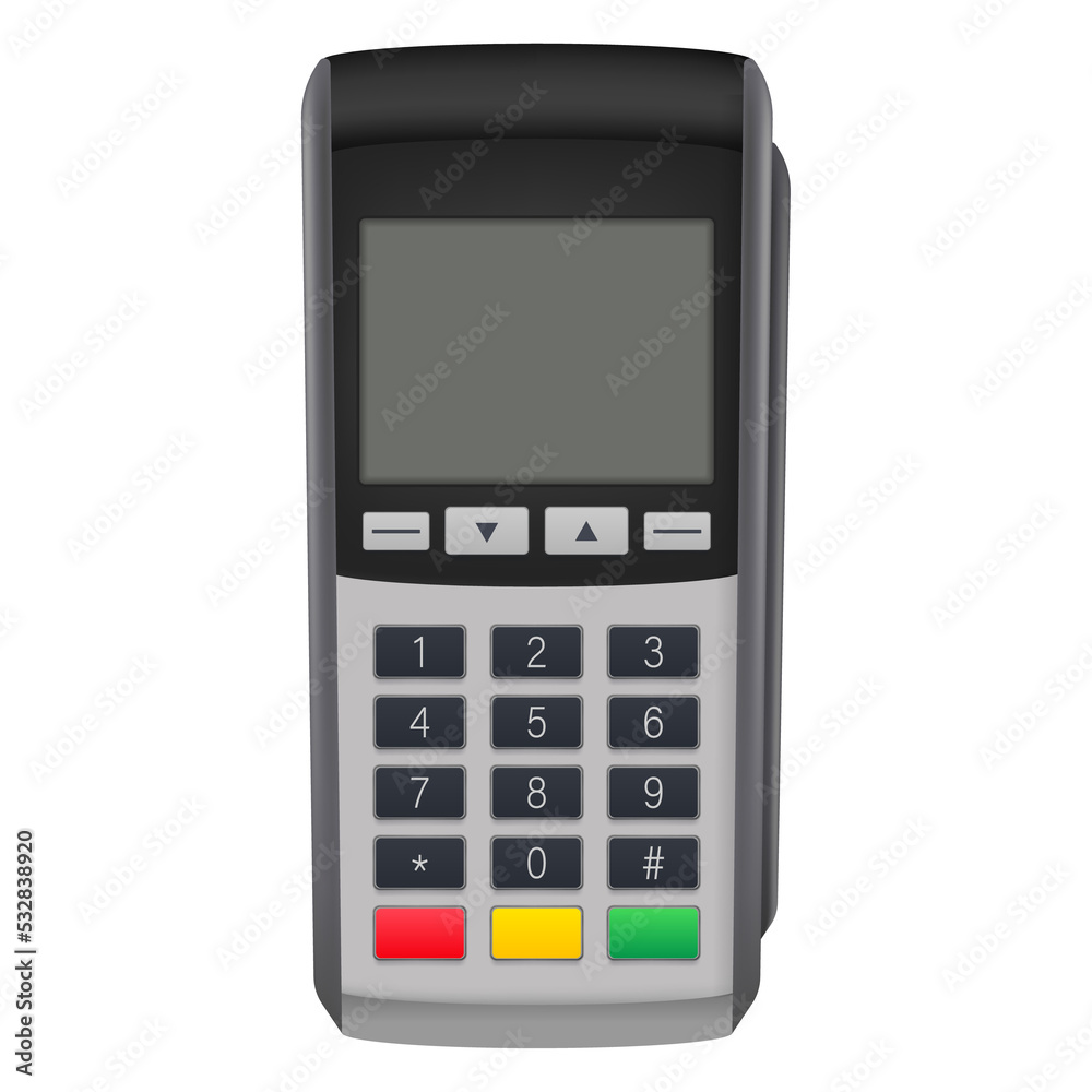 Payment terminal mockup. Pos terminal with blank screen. Cash register. stock illustration Payment terminal mockup. Pos terminal with blank screen. Cash register. stock illustration