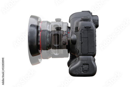 Photography lens with shifting capacity, illustration of shift movements on camera DSLR with vertical grip, side view, isolated on white background