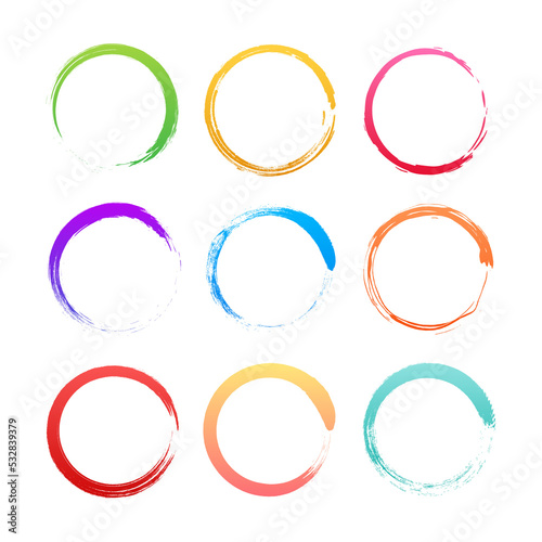 Set of colorful grunge circle brush. stock illustration.