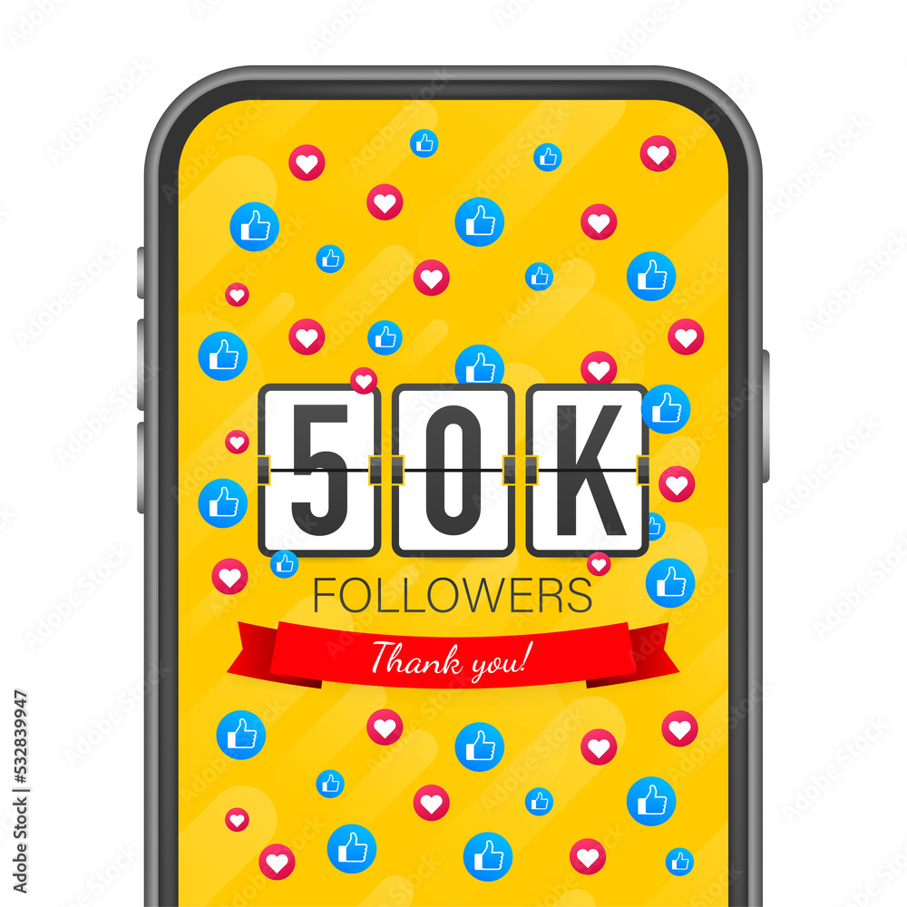 Naklejka premium 50k followers, Thank You, social sites post. Thank you followers congratulation card. stock illustration.