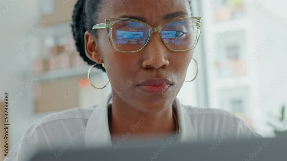 Business woman thinking, idea and working on computer in a startup company office. Young african american professional planning, strategy and vision with a online report or email in a corporate job Business woman thinking, idea and working on computer in a startup company office. Young african american professional planning, strategy and vision with a online report or email in a corporate job