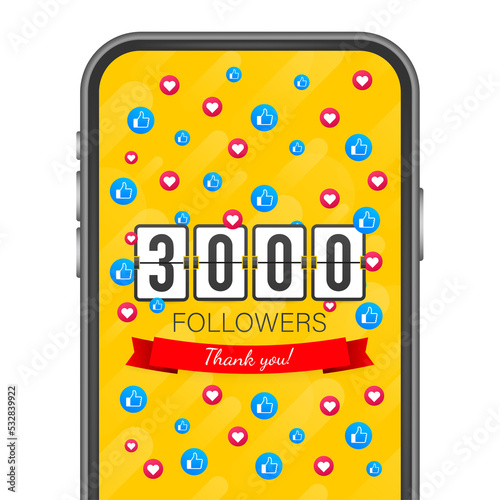 3000 followers, Thank You, social sites post. Thank you followers congratulation card. stock illustration.