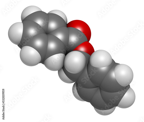 Benzyl benzoate drug molecule. Used as acaricide, scabicide, etc.  Atoms are represented as spheres with conventional color coding: hydrogen (white), carbon (grey), oxygen (red). photo