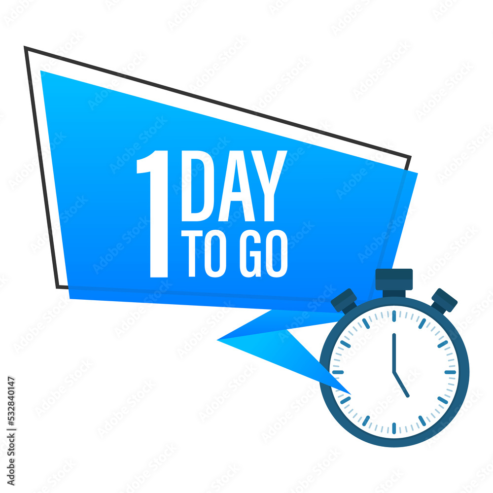 One day to go label, red flat with alarm clock, promotion icon. stock illustration. One day to go label, red flat with alarm clock, promotion icon. stock illustration.
