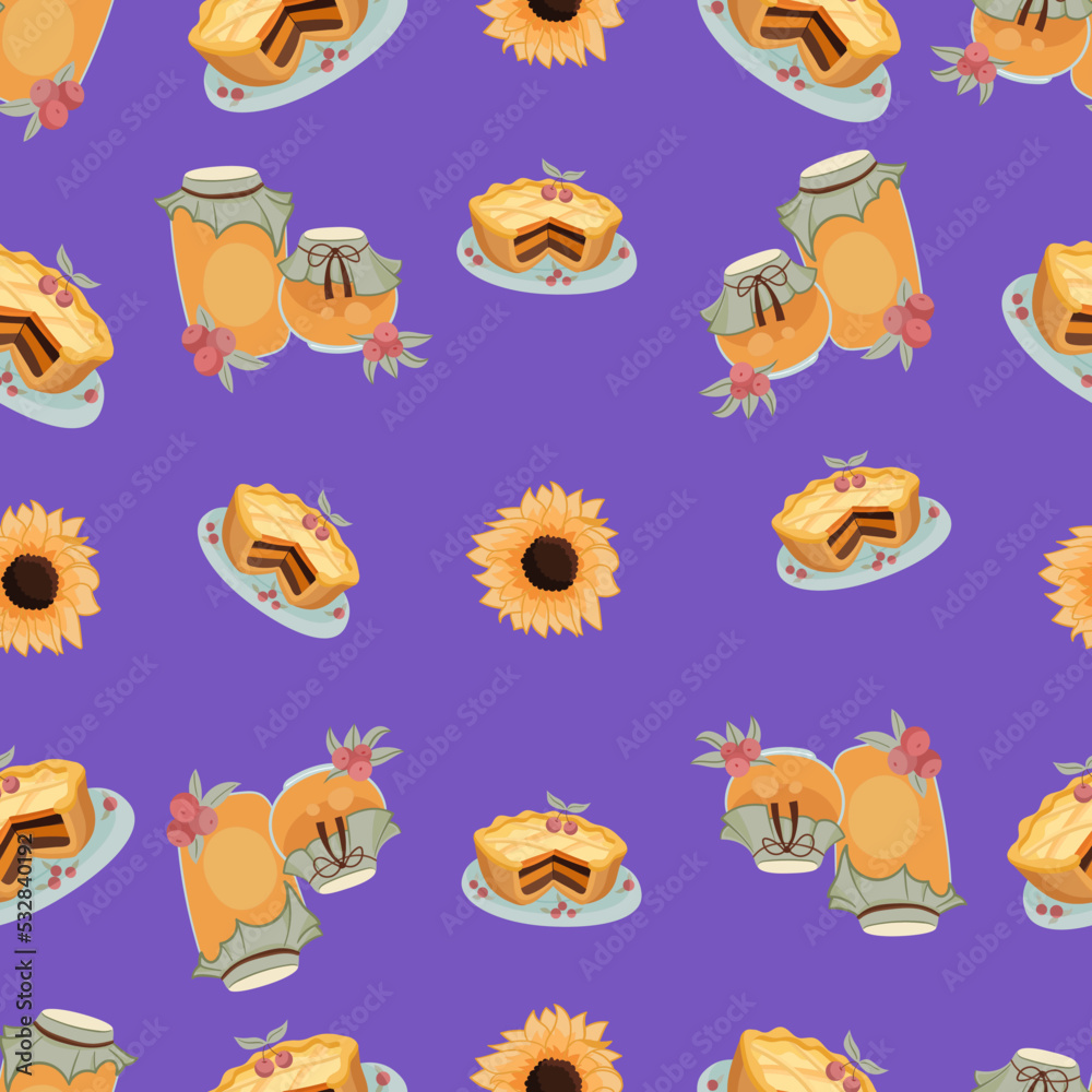 Autumn hand drawn seamless pattern with seasonal elements on violet background. Great for fabric, wallpaper, textile, packaging. Vector illustration. Autumn hand drawn seamless pattern with seasonal elements on violet background. Great for fabric, wallpaper, textile, packaging. Vector illustration.