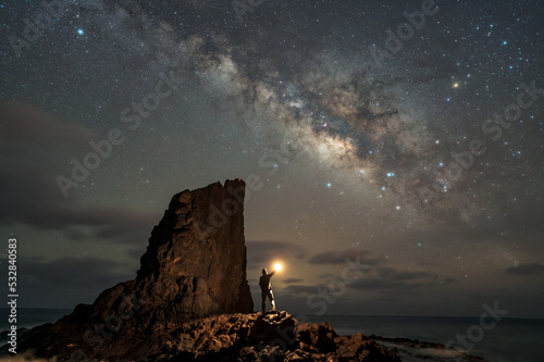 Milky Way on the Rock with Person and Flashlight