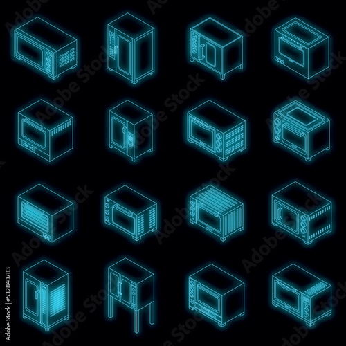 Convection oven icons set. Isometric set of convection oven vector icons neon color on black