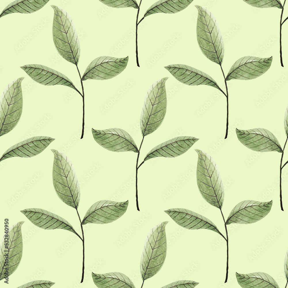 Seamless background with green leave doodles on bright green background. Luxury pattern for creating textiles, wallpaper, paper. Vintage. Romantic floral Illustration