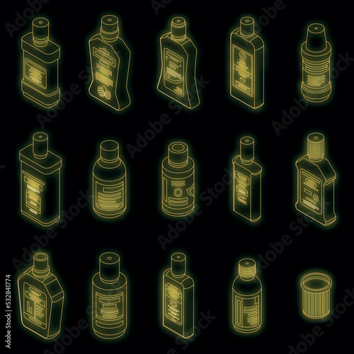 Mouthwash icons set. Isometric set of mouthwash vector icons neon color on black