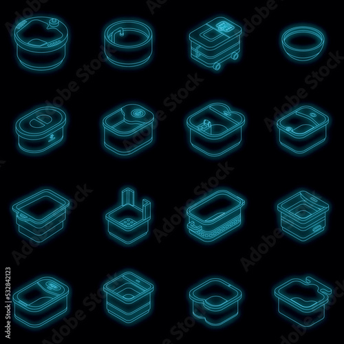 Foot bath icons set. Isometric set of foot bath vector icons neon color on black