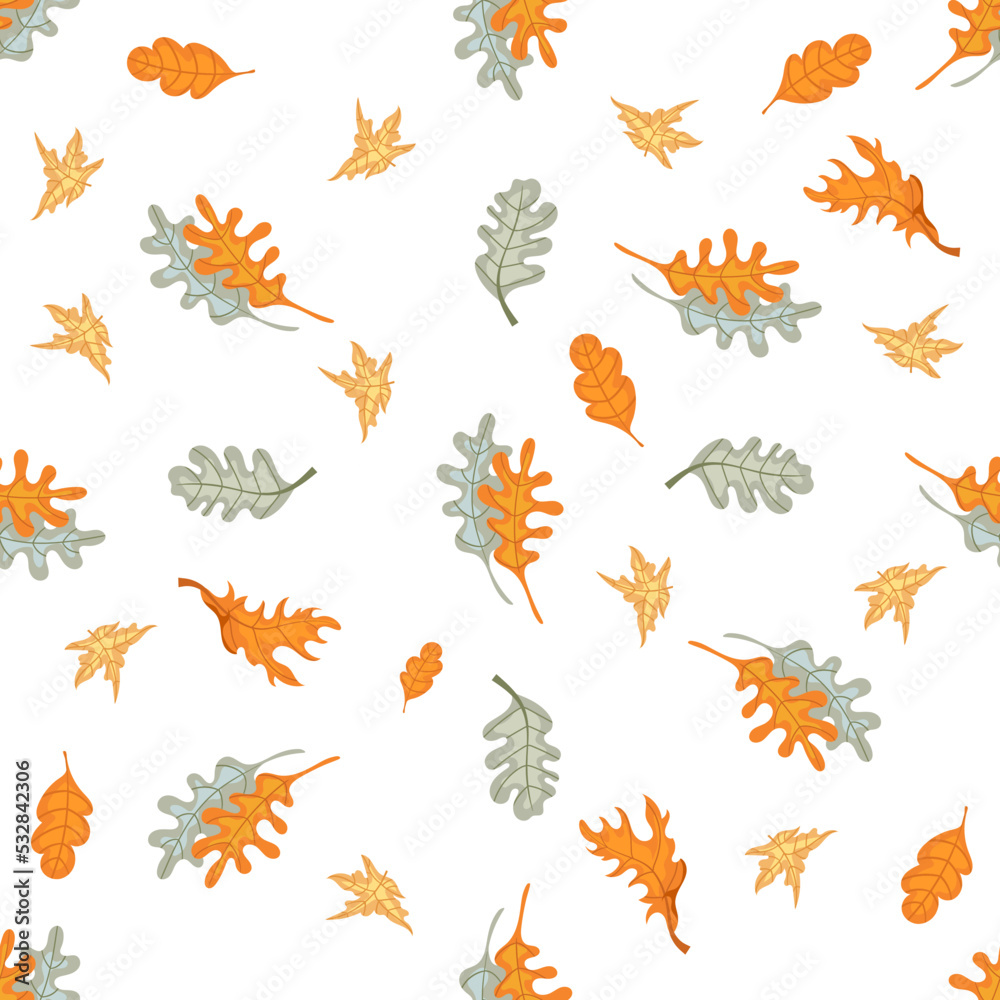 Autumn hand drawn seamless pattern with seasonal elements on white background. Great for fabric, wallpaper, textile, packaging. Vector illustration.