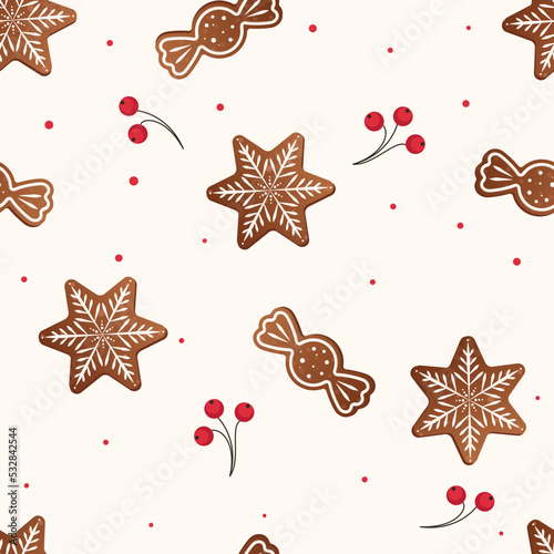 Gingerbread pattern. Festive background with cookies, Christmas tree, candies, gift box. Vector illustration in flat style