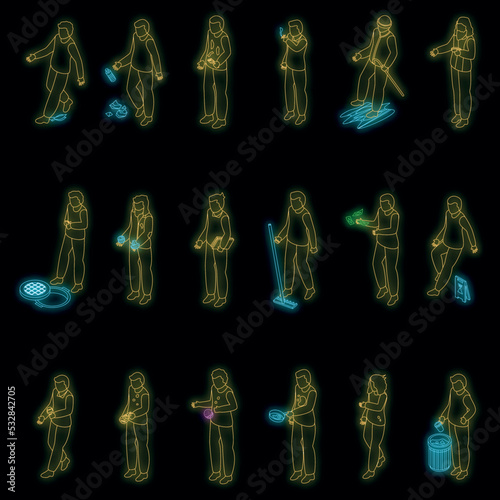 Careless person icons set. Isometric set of careless person vector icons neon color on black