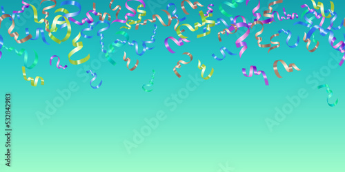 Seamless pattern of falling festive multi colored ribbon. Bright festive tinsel on color background. Design for Birthday Celebration, New Year, Merry Cristmas. Grand opening. Vector illustration