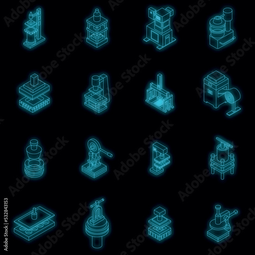 Press form machines icons set. Isometric set of press form machines vector icons neon color on black